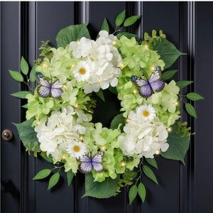 Elegant Green and White Holiday Wreath with Butterflies